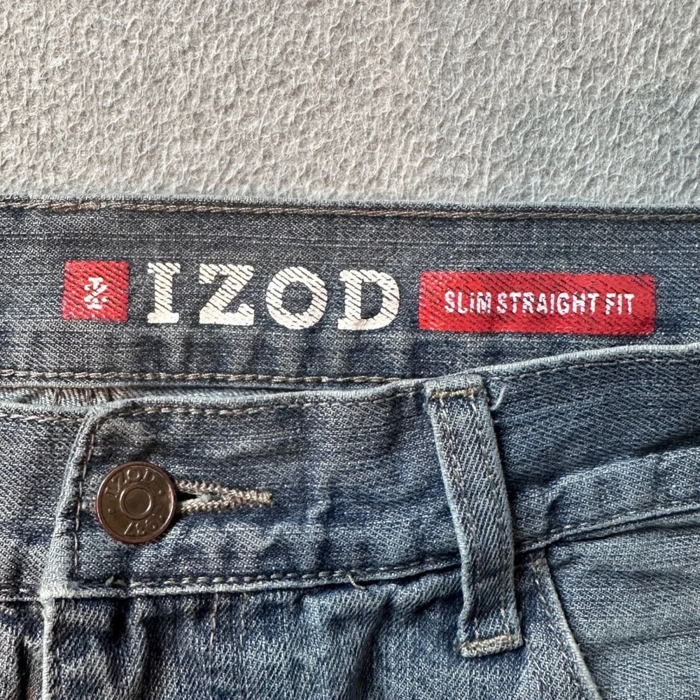 IZOD Jeans Mens 37x27 Blue‎ Slim Straight Fit Distressed Ripped Denim Pants